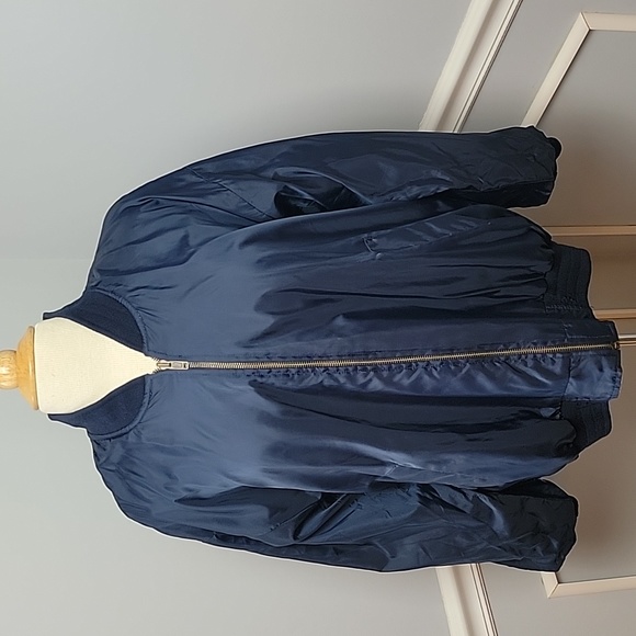 STAGECOACH Print Old Money Reversible Navy Blue Satin Zip Preppy Bomber Jacket - Picture 4 of 9